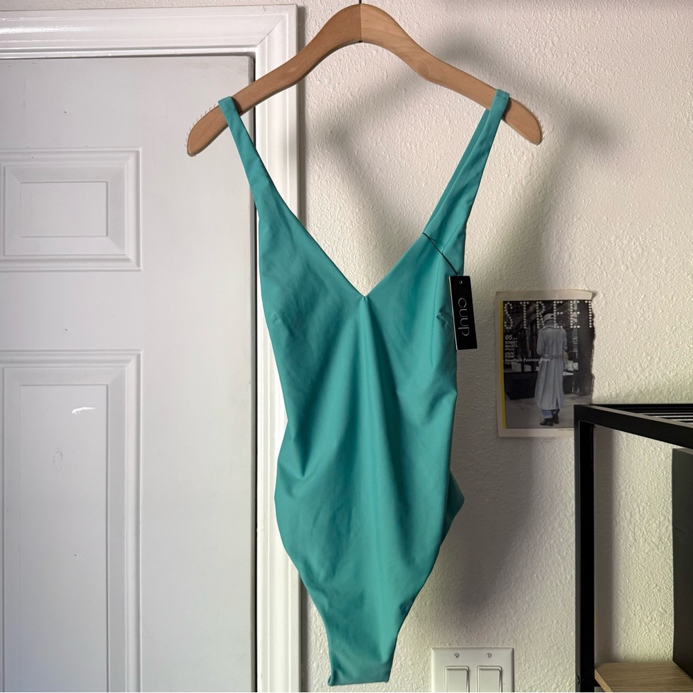 NWT CUUP teal aqua blue green knit backless scoop‎ one piece bodysuit